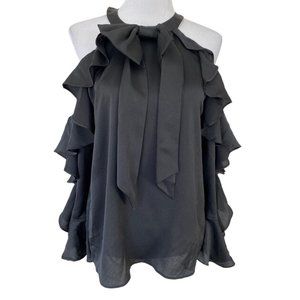CeCe Women's Black Cold Shoulder Ruffle Key Hole Back With Bow Blouse